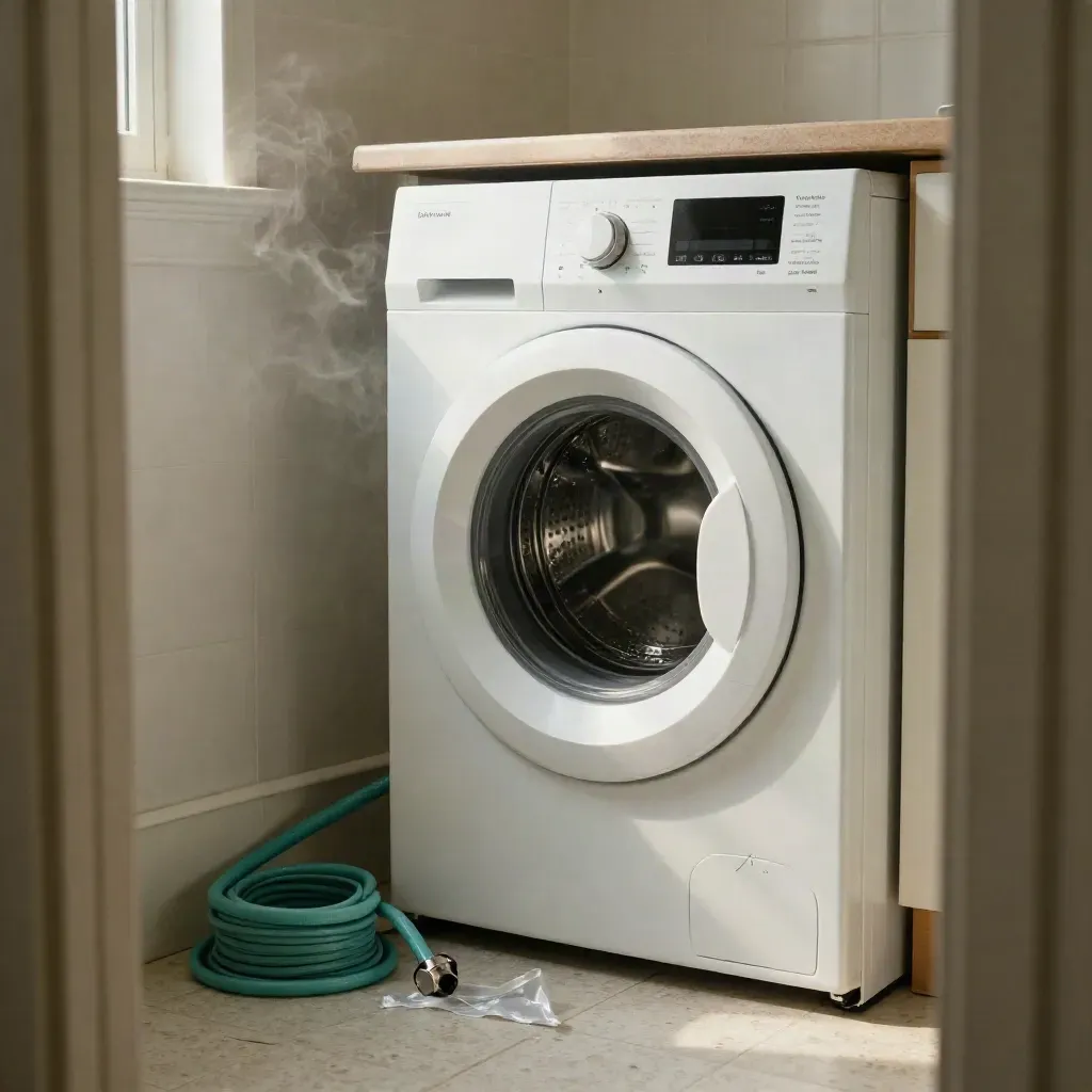Nieuwe wasmachine in een smalle bijkeuken, met slang, karton en koel glanzende tegels.