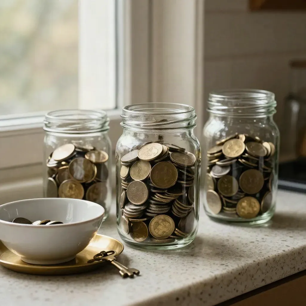 Drie glazen spaarvaten met muntgeld, een witte schaal en een gouden sleutelbakje op een vensterbank.