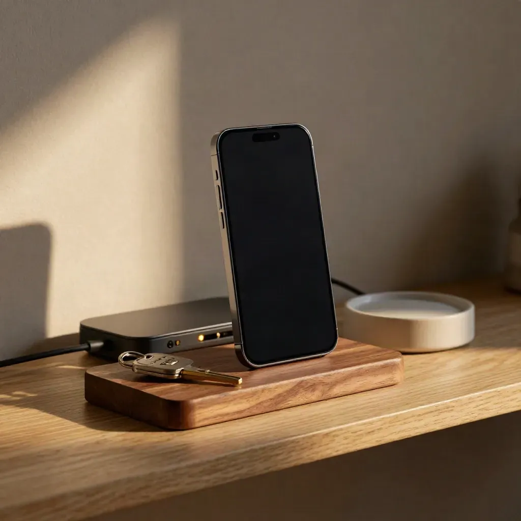 Smartphone in houten dock met beveiligingssleutel, router en laadbasis in een rustige thuisscène.