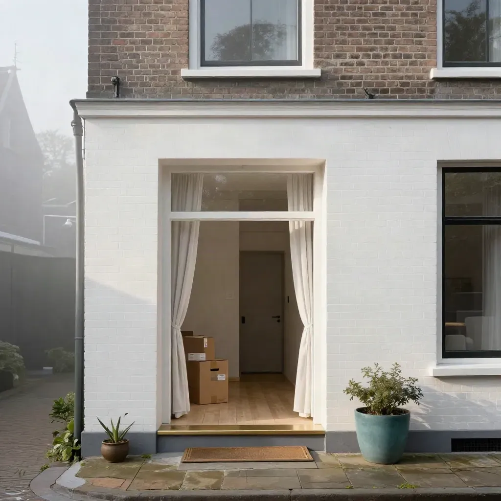 Utrechtse tussenwoning met nieuwe kozijnen, open gordijnen en verhuisdozen in zacht ochtendlicht.