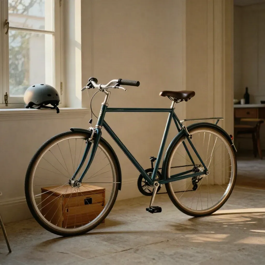 Glanzende stadsfiets in een stille hal met helm op de vensterbank en een nette opbergkist.