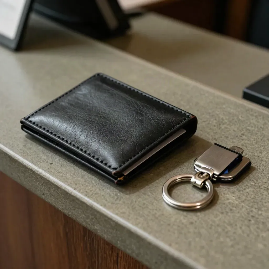 Bovenaanzicht van betaalterminal, kaarthuls, sleutelring en pasclipje op een donkere bankbalie.