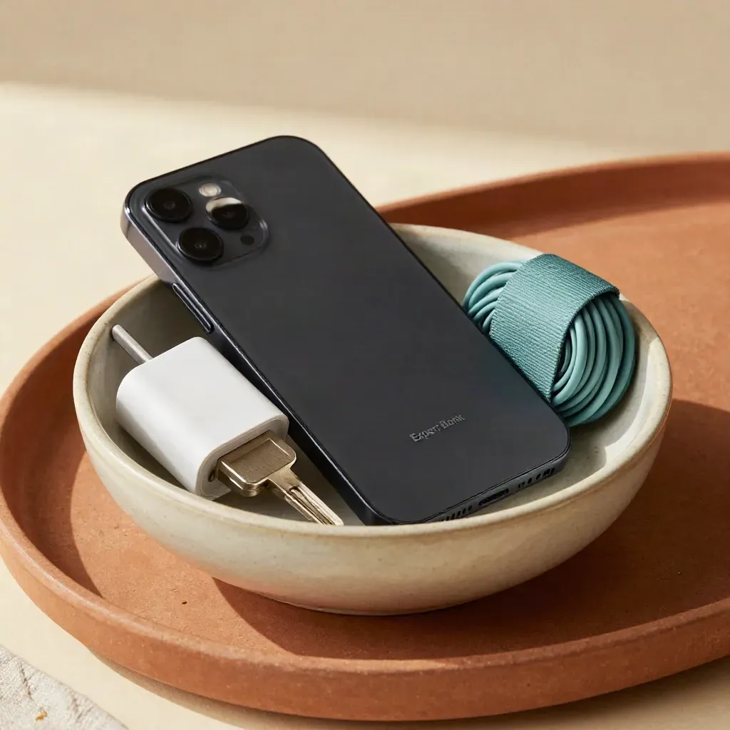Smartphone, beveiligingssleutel, oplader en kabel op een keramische schaal met warm licht