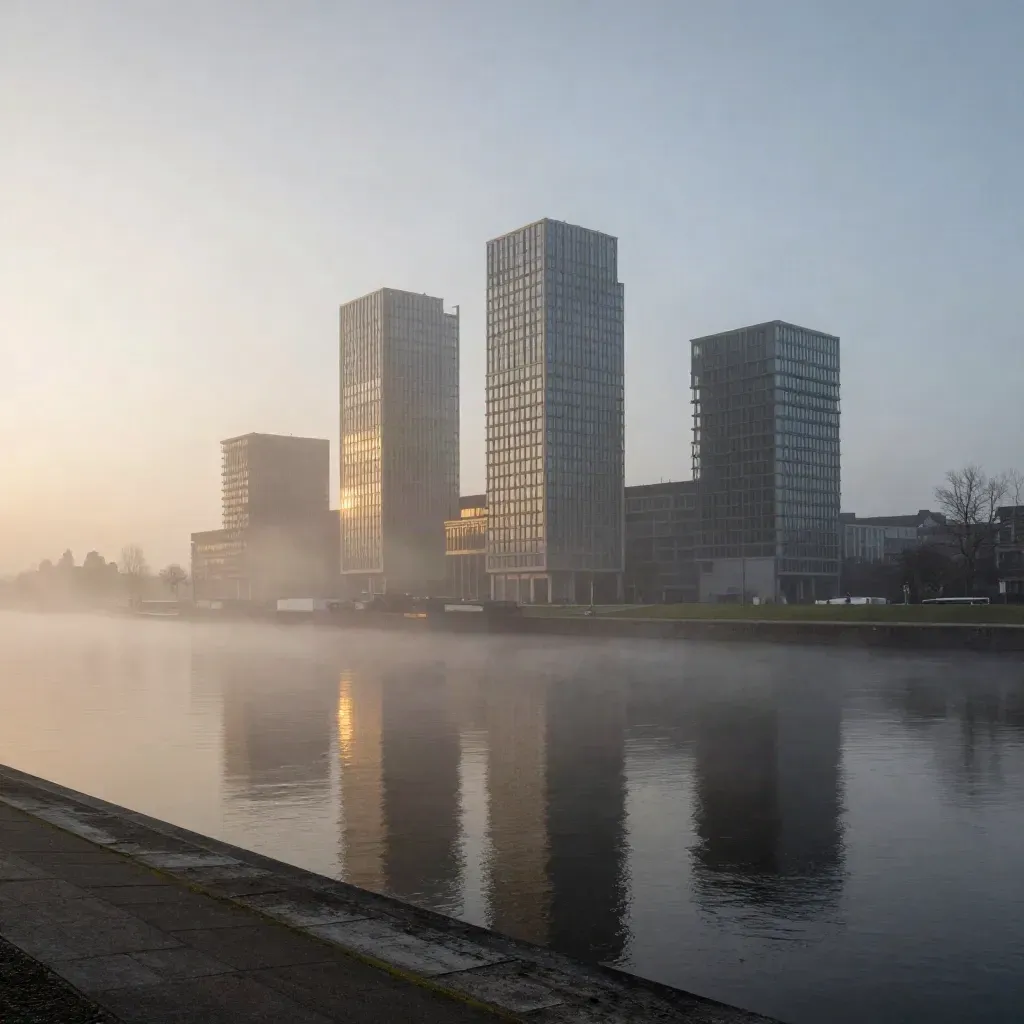 Moderne torens langs de IJ-oever boven stil water en een lage kade in zachte avondmist.