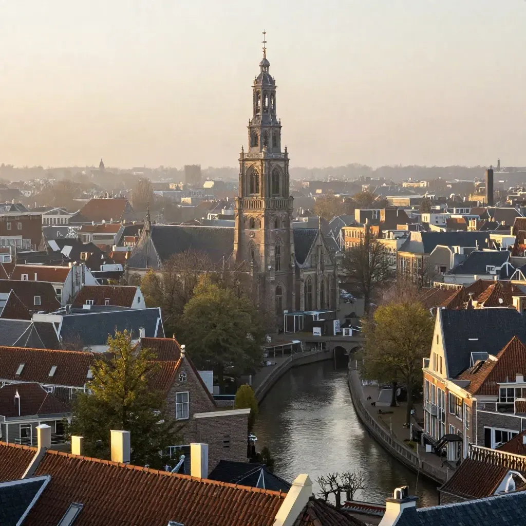 Domtoren boven stille Utrechtse daken in gouden ochtendnevel