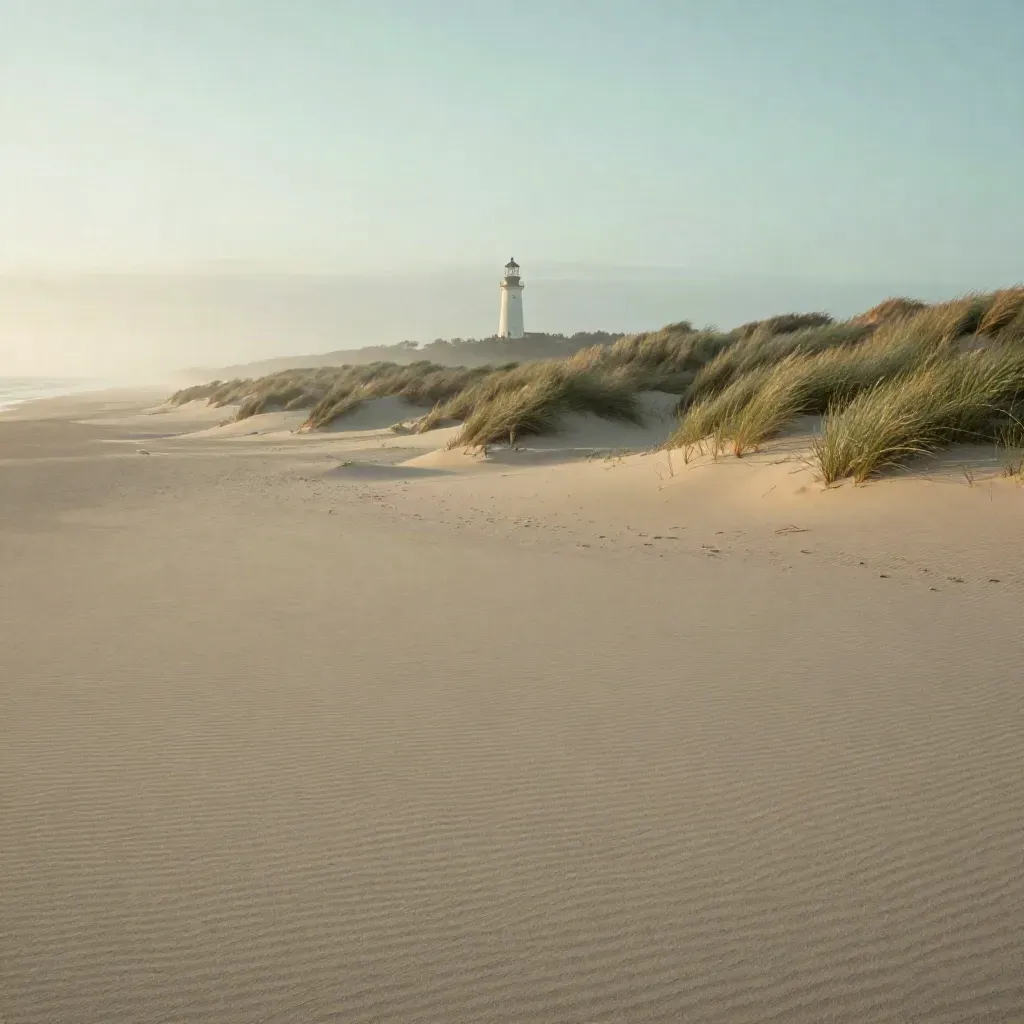 Duinen van Noord-Holland met vuurtoren, mist en rustige kustlijn bij gouden uur